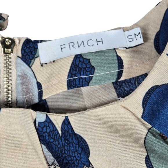 Frnch Love Bird Pattern Tan & Blue 3/4 Sleeve Blouse S/M - Picture 3 of 7